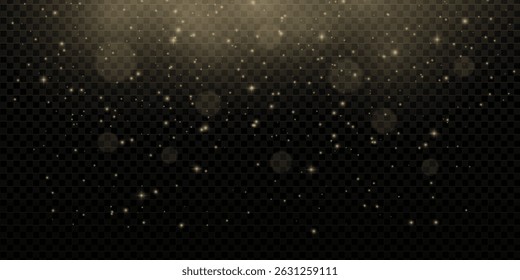 Fondo bokeh de luz dorada con brillo, confeti y brillo mágico. Incluye destellos, destellos, polvo y brillo festivo. Perfecto para vacaciones, fiesta o temas de Año Nuevo. Vector, aislado, transparente.