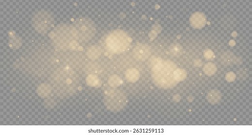 Golden light bokeh effect with glitter dust, sparkles and festive confetti. Abstract glowing texture on dark background. Includes flare, starburst, snow, spray and firework. Vector PNG for holidays.