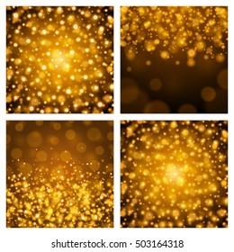 Golden Light Bokeh Set Backgrounds Vector Illustration. Magic Defocused Glitter Sparkles. Good for promotion materials, Brochures, Banners. Abstract Backdrop.