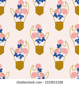 Golden light bulb with roses in a seamless pattern design, perfect to use on the web or in print