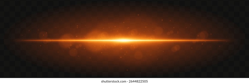 Golden light burst. Bright horizontal beam with glowing particles and soft flare effect over dark grid background, suitable for sci-fi or tech visuals.