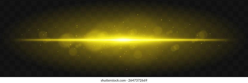 A luz dourada estourou. Feixe horizontal brilhante com partículas brilhantes e efeito de flare suave sobre fundo de grade escura, adequado para sci-fi ou visuais técnicos.