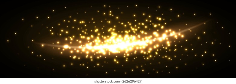 Golden light burst with sparkling particles. Glowing glitter effect on dark background. Horizontal flare with shiny glow. Festive magical light explosion. Abstract vector illustration.