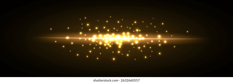 Golden light burst with sparkling particles. Glowing glitter effect on dark background. Horizontal flare with shiny glow. Festive magical light explosion. Abstract vector illustration.
