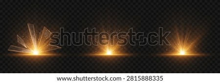 Golden light bursting upwards from a line, creating optical flare effects on a transparent background