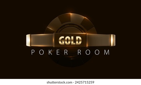 Golden light casino poker chip banner. Vector realistic dark night gamble mysterious background. Poker club, blackjack or online casino banner. Shiny casino Gold poker room text header