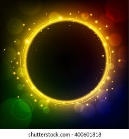Golden light circle glowing on rainbow colored background
