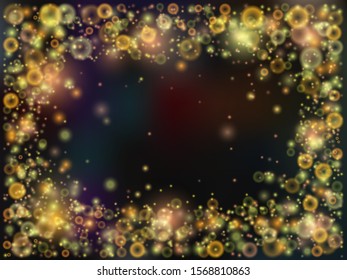 Golden light circle gradient abstract on black background, yellow starry night effect frame, lighting dotted dark wallpaper, colorful party sparkle banner.