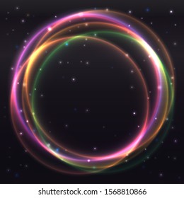 Golden light circle gradient abstract on black background, yellow starry night effect frame, lighting dotted dark wallpaper, colorful party sparkle banner.