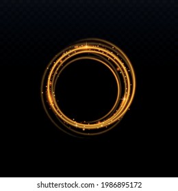 Golden light circle with shiny glow isolated on black background, shiny gold ring with sparkly stars in spiral twirl motion. Vector illustration of sparkling swirl frame