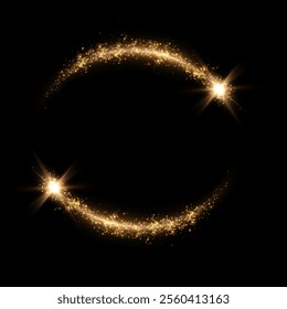 
Golden light circle with sparkles, vector magic glow effect. Realistic gold glitter ring or curl, round flash trail frame with glitter dust, golden fairy pollen isolated on transparent background.