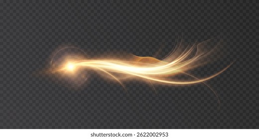 Cometa de luz dourada com brilho brilhante e fluxo mágico brilhante em fundo transparente. Trilha de energia dinâmica com brilho fantástico e fluxo curvo de luz. Vetor