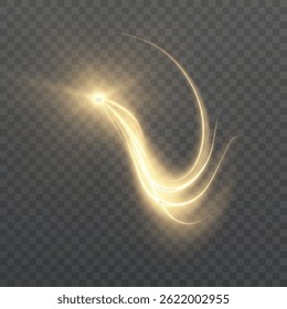 Cometa de luz dourada com brilho brilhante e fluxo mágico brilhante em fundo transparente. Trilha de energia dinâmica com brilho fantástico e fluxo curvo de luz. Vetor