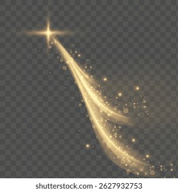 Golden light comet with bright glare and bright magic flow on transparent background. Dynamic energy trail with fantastic shine and light curved flow. Vector