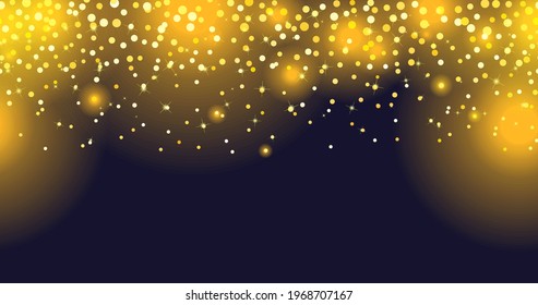 Golden light confetti seamless pattern. Glowing yellow bokeh circles on black. Festive luminous golden glitter with particle light bokeh effect. Great for design New year, Merry Christmas. Vector