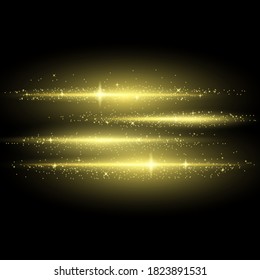 Golden light effect. Abstract laser beams of light. Chaotic neon rays of light.  Black background.