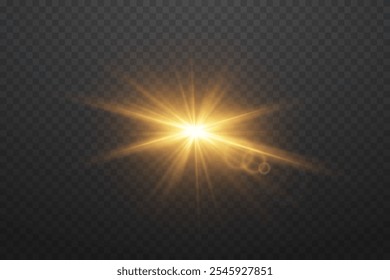 Efecto de luz dorada, explosión de estrella brillante y luz. Sobre un fondo transparente.