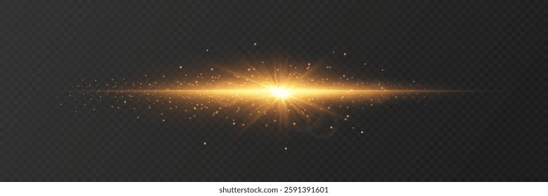 Golden light effect of explosion, flash of star and rays.