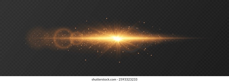 Golden light effect of explosion, flash of star and rays.