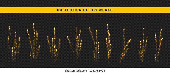 Golden light effect. Fireworks isolated on transparent background.