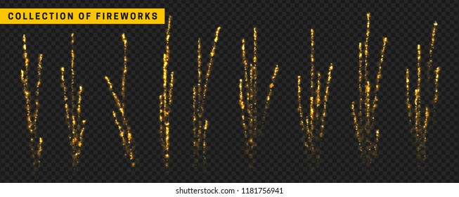 Golden light effect. Fireworks isolated on transparent background.