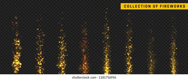 Golden light effect. Fireworks isolated on transparent background.