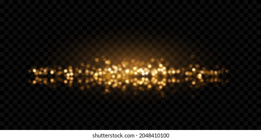 Efecto de la luz dorada aislado sobre un fondo transparente oscuro. Textura desenfocada de luz brillante con reflexión. Bokeh de oro. Partículas amarillas brillantes.