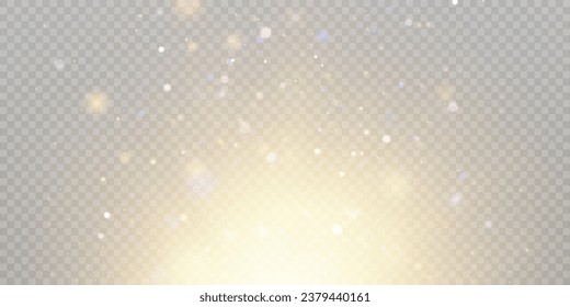 Golden Light effect with many shiny shimmering bokeh particles isolated on transparent background. Vector star cloud with dust.