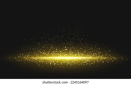 Golden light effect on black background. Golden glowing lines with abstract particles. Luminous trail. Festive decoration. Vector illustration