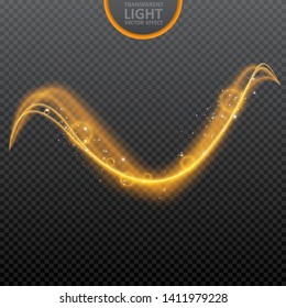 Golden light effect on transparent background with realistic sparkles. Magic light. Glowing wavy light effect. Vector Illustration.