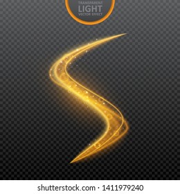 Golden light effect on transparent background with realistic sparkles. Magic light. Glowing wavy light effect. Vector Illustration.