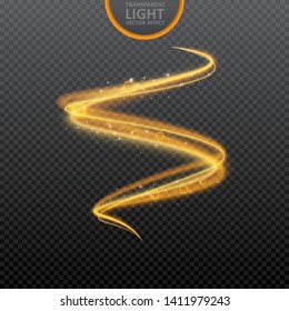 Golden light effect on transparent background with realistic sparkles. Magic light. Glowing wavy light effect. Vector Illustration.