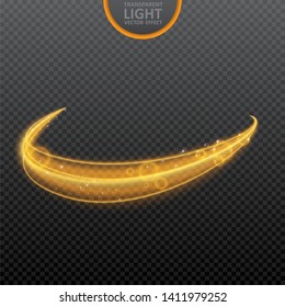 Golden light effect on transparent background with realistic sparkles. Magic light. Glowing wavy light effect. Vector Illustration.