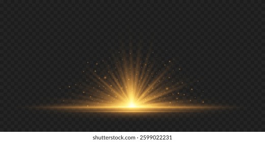 Golden light effect with radiant star and horizontal rays isolated on dark transparent background. Bright shining flash with magical dust. Vector illustration. EPS 10