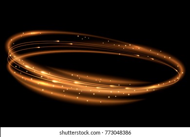 Golden light effect. Rotating luminous ellipses. Graphic design element