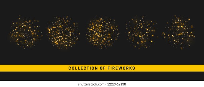 Golden light effect. Set festive gold fireworks isolated on black background. Vector illustration