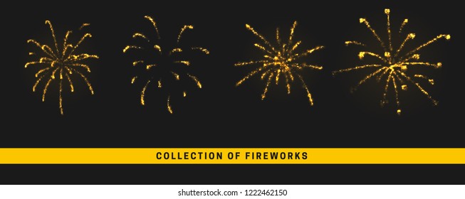 Golden light effect. Set festive gold fireworks isolated on black background. Vector illustration