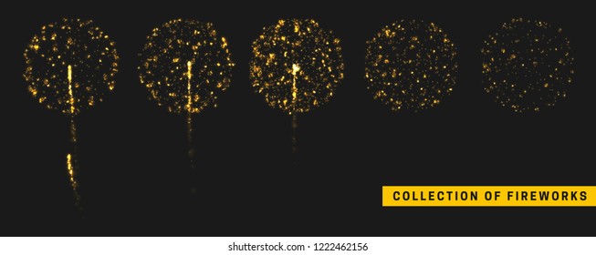 Golden light effect. Set festive gold fireworks isolated on black background. Vector illustration