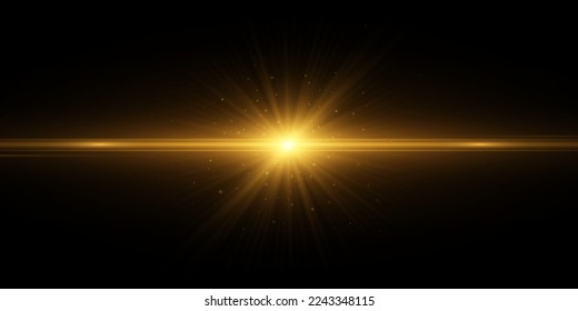 Golden light effect with sparks isolated on black background. Yellow flare. Blue rays. Vector illustration. EPS 10