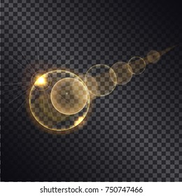 Golden light effects of circles growing round spheres isolated on black transparent background. Glowing sparkling elements, vector illustration of gold balls on transparency magically illuminated