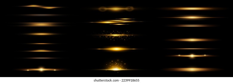 Golden light effects on a black background. Bright flashes and highlights of golden color. Bright beams of light. Light vibration from sound. Glowing lines. Vector illustration. EPS 10