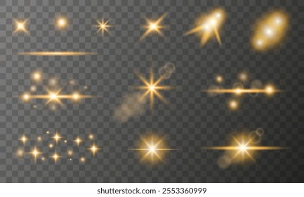 Conjunto de efectos de luz dorados. Estrella brillante, colección de destello
