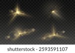 Golden light effects set, glowing starbursts, lens flares, shimmering sparkles, transparent background, bright illumination, abstract shine, soft bokeh, magical glow, realistic highlights, radiant ref