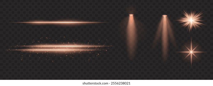 Golden light effects set. Glowing streaks, sparkles, spotlight beams, bright starbursts, warm illumination, decorative particles, radiant design, abstract modern lighting.