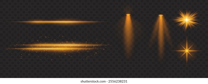 Golden light effects set. Glowing streaks, sparkles, spotlight beams, bright starbursts, warm illumination, decorative particles, radiant design, abstract modern lighting.