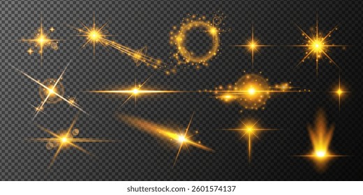 Golden light effects set with lens flares, sparkles, and glows on transparent background. Perfect for festive designs, luxury branding, magic effects, holiday decorations, and photo overlays.