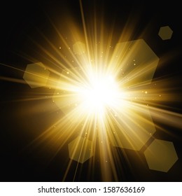 Golden light explodes on a transparent background. Transparent shining sun, bright flash. Special glare effect.