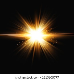Golden light explodes on a transparent background. Transparent shining sun, bright flash. Special glare effect.