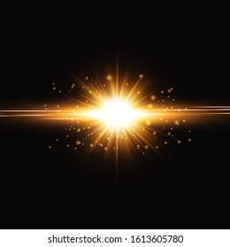 Golden light explodes on a transparent background. Transparent shining sun, bright flash. Special glare effect.
