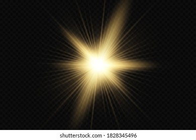 Golden light explodes on a transparent background. Transparent shining sun, bright flash. Special glare effect.